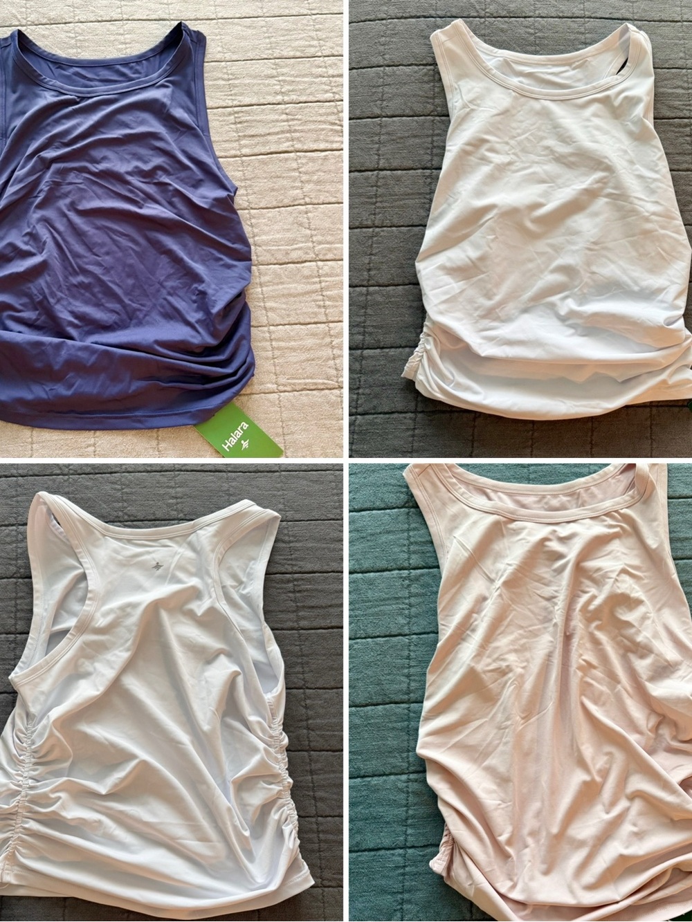 Halara Round Neck Racerback Ruched Yoga Tank Top- set of 3 blue, white, & pink